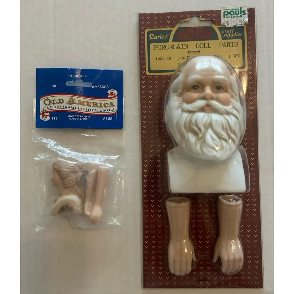 Vintage Lot of 2 Porcelain Dolls Parts Darice Old Fashioned Santa Head Hands NEW